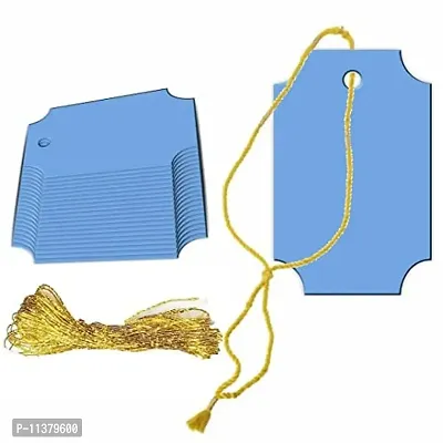 CVANU Creative Craft Paper with Golden String Writable Blank Gift Tags for Thanksgiving, Party & Celebration Color-Azure, Size(7cm X 4.5cm) (50pcs)-thumb0
