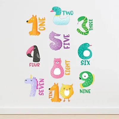 CVANU Numbers (1234) in Words with Funny Animals Vinyl Wall Sticker for Kids, Nursery School, Play School_Size(110cm X 80cm)_Multicolour