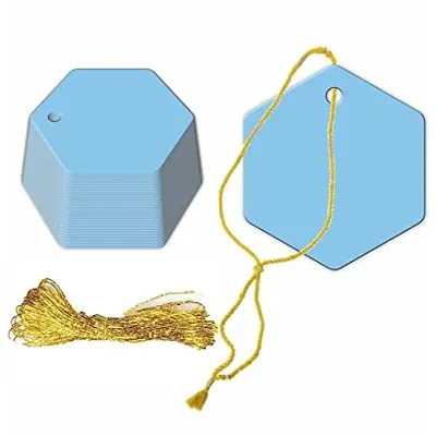 CVANU Hexagon Shape Creative Gift Tags Craft Paper with Golden String for Writable Tags, Party & Celebration Label Color-Azure, Size(2.6inch X 2.3inch) (100pcs)