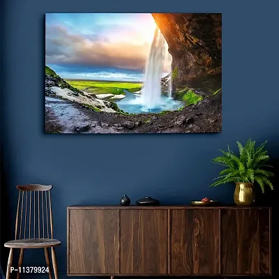 CVANU Waterfall During Sunset Background Unframed Canvas Painting Print Landscape Poster (27inch x 18inch) Nature Look-thumb3