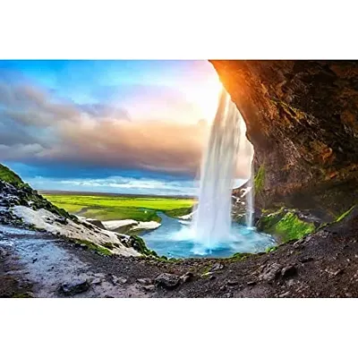 CVANU Waterfall During Sunset Background Unframed Canvas Painting Print Landscape Poster (27inch x 18inch) Nature Look