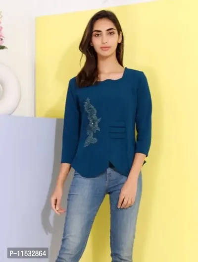 Elegant Blue Crepe Solid Top For Women