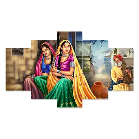 Chauhan Entreprises Set of Five Rajasthani Village Lady Scenery Framed Wall Painting for Home Decoration, Paintings for Wall Decoration, Living Room, 3D Scenery for Home Decor Big Size (75 X43 CM)