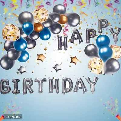 Happy Birthday Letter Foil Balloon with Metallic  Confetti set of 33 (Blue ,Golden  Silver)