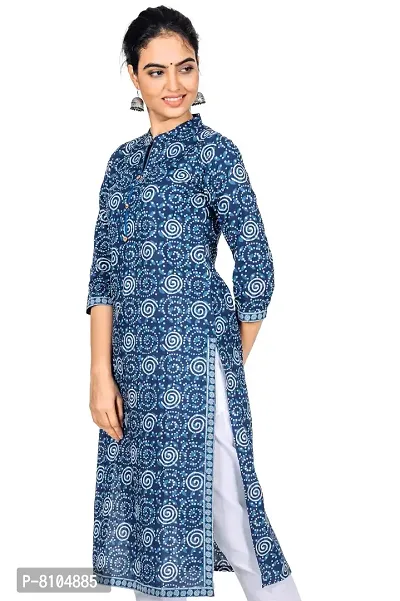 Varyaa Women's Pure Cambric Cotton Jaipuri Printed Blue Coloured Straight Kurti(S-Size)