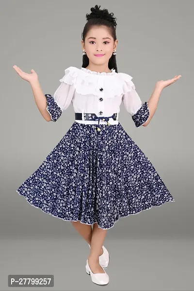 Fabulous Navy Blue Cotton Blend Printed A-Line Dress For Girls-thumb0