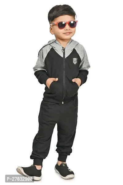 Chandrika Casual Full Sleeves Cotton Black Hoodies  Trouser Set For Boys-thumb0