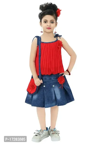Chandrika Kids Casual Skirt and Top Set with Sling Bag for Girls Red