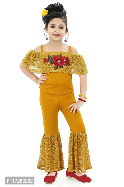 Chandrika Kids Floral Appliqu? Top and Pant Set for Girls Mustard