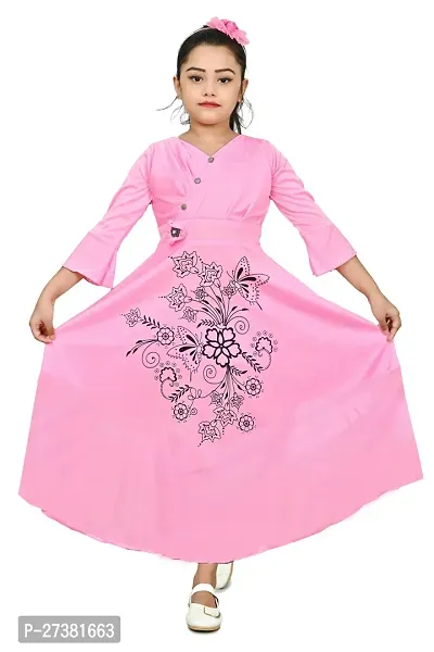 Stylish Pink Cotton Blend Printed A-Line Dress For Girls