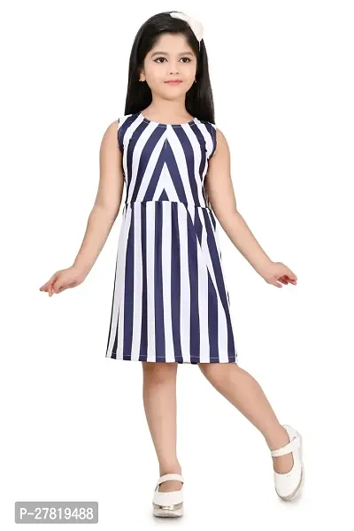 Stylish Navy Blue Cotton Blend Striped A-Line Dress For Girls-thumb0