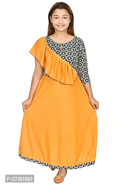 Stylish Yellow Cotton Blend Printed A-Line Dress For Girls