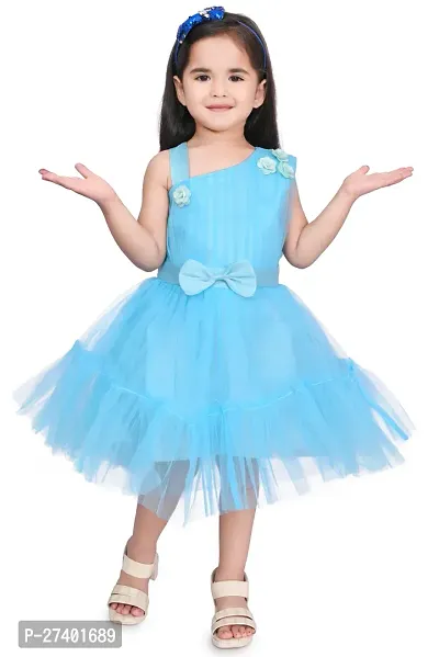 Fabulous Blue Net Solid Fit And Flare Dress For Girls-thumb0