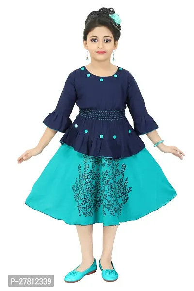 Stylish Turquoise Cotton Blend Floral Printed Skirt With Top For Girls-thumb0