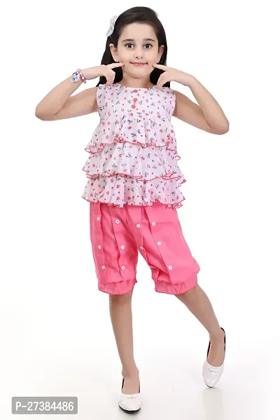 Fabulous Pink Cotton Blend Printed Top With Bottom For Girls