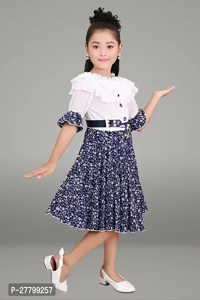 Fabulous Navy Blue Cotton Blend Printed A-Line Dress For Girls-thumb2