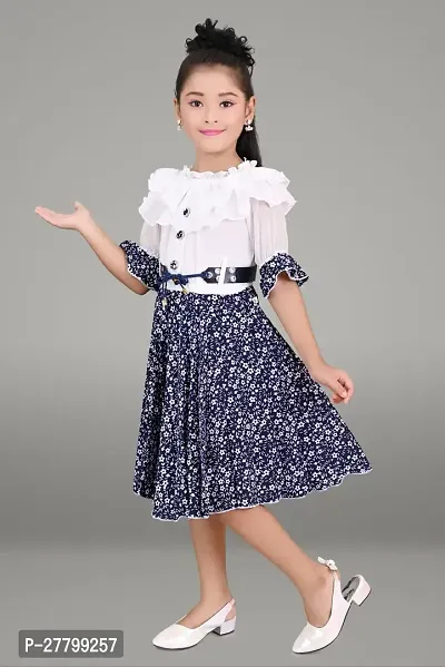 Fabulous Navy Blue Cotton Blend Printed A-Line Dress For Girls-thumb3