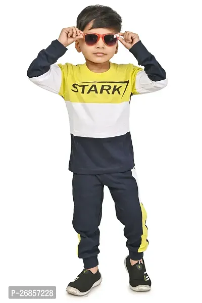 Chandrika Full Sleeve Printed Yellow White  Navyblue Tshirt Sweatshirt Pant Combo Set for Kids Boy