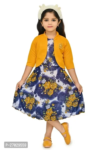 Chandrika Floral Printed Below Knee Length Dress For Kids Girlsnbsp;(Mustard)-thumb0