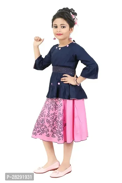 Elite Cotton Blend Self Pattern Top with Skirt Set For Girls-thumb2