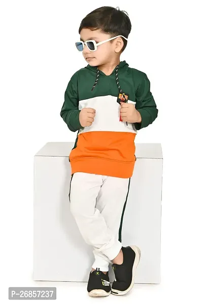 Chandrikan Bottle Green White and Orange Boys Full Sleeve Hooded T-Shirt and Pants combo set