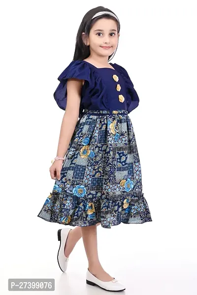 Stylish Navy Blue Cotton Blend Printed Dress For Girls-thumb2