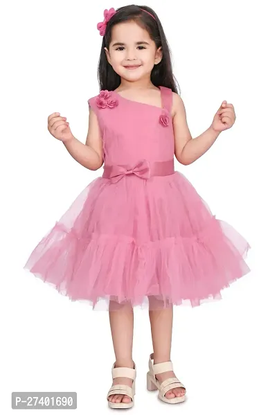 Fabulous Pink Net Solid Fit And Flare Dress For Girls