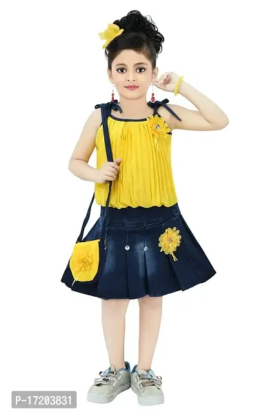 Chandrika Girl's Cotton Blend, Denim Skirt And Top Set With Sling Bag (CPGL0023-YELLOW-26_4 Years-5 Years_Yellow)