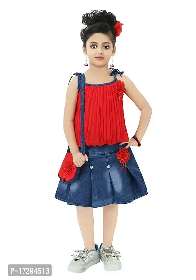 Chandrika Girls Casual Skirt and Top Set with Bag for Kids Red