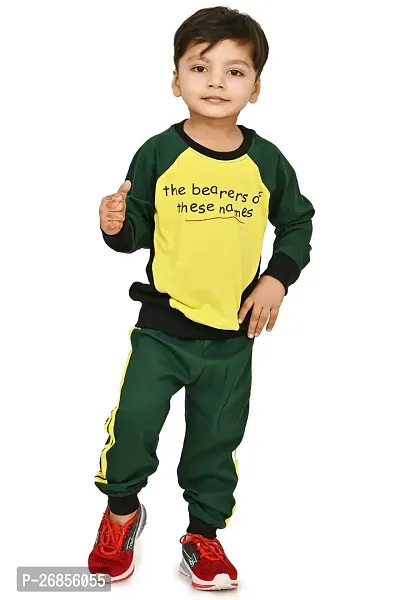 Chandrika Full Sleeve Printed Bottle Green  Yellow T-shirt Sweatshirt Clothing Set for Kids Boys