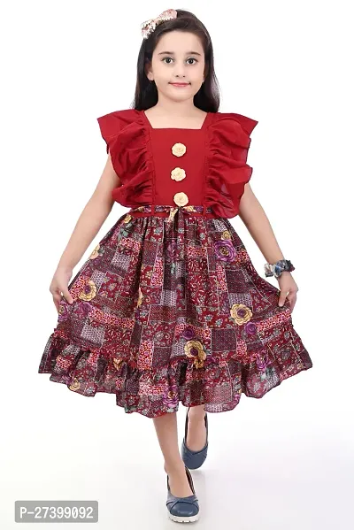 Stylish Red Cotton Blend Printed Dress For Girls