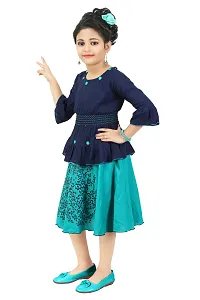 Stylish Turquoise Cotton Blend Floral Printed Skirt With Top For Girls-thumb1
