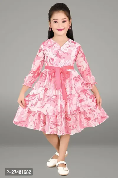 Fabulous Pink Cotton Blend Printed Fit And Flare Dress For Girls-thumb0