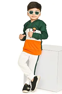 Chandrikan Bottle Green White and Orange Boys Full Sleeve Hooded T-Shirt and Pants combo set-thumb1