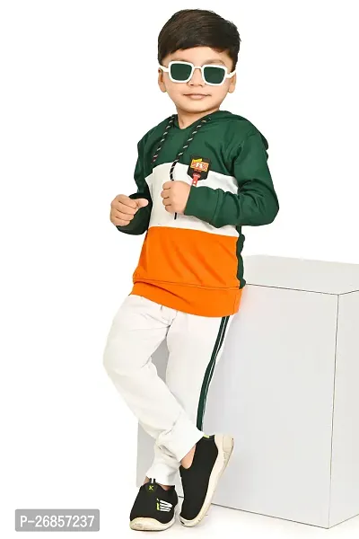 Chandrikan Bottle Green White and Orange Boys Full Sleeve Hooded T-Shirt and Pants combo set-thumb2