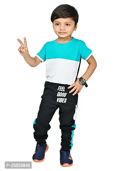 Chandrika half Sleeve Colorblock Printed Sea green T-shirt Clothing Set for Kids Boys