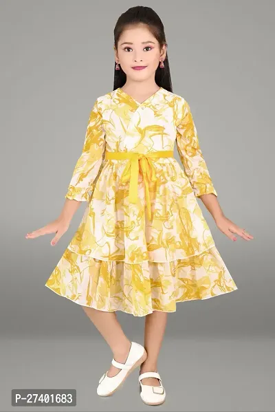 Fabulous Yellow Georgette Printed Fit And Flare Dress For Girls-thumb0