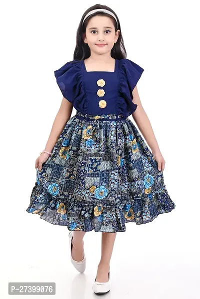 Stylish Navy Blue Cotton Blend Printed Dress For Girls