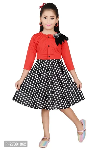 Fabulous Red Cotton Blend Printed Fit And Flare Dress For Girls