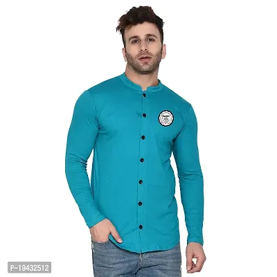Tfurnish Turquoise Cotton Blend Solid Long Sleeves Casual Shirts For Men