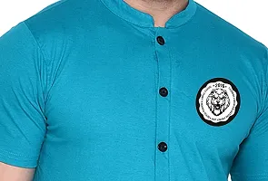 Tfurnish Turquoise Cotton Blend Solid Short Sleeves Casual Shirts For Men-thumb4