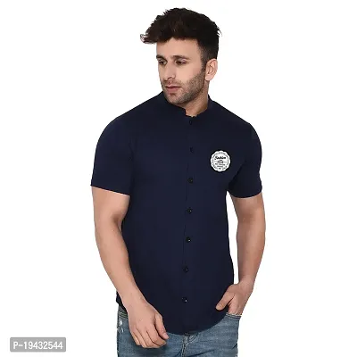 Tfurnish Navy Blue Cotton Blend Solid Short Sleeves Casual Shirts For Men