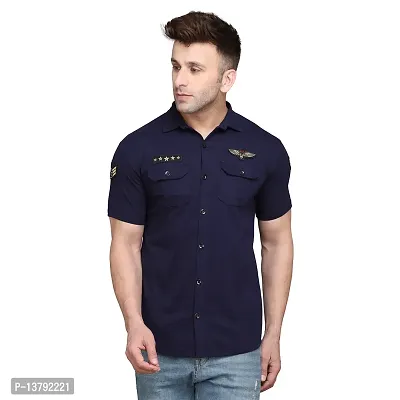 Men's Short Sleeves Spread Shirt (Navy Blue)_S