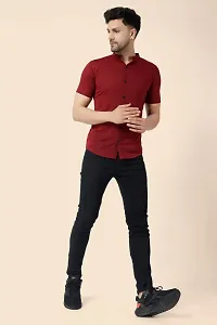 Men's Short Sleeves Mandarin Shirt (Maroon)_S-thumb4