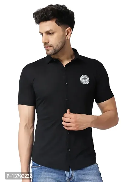 Black Cotton Blend Self Pattern Casual Shirts For Men