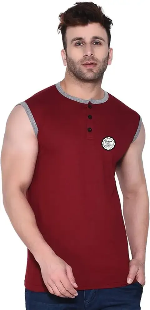 Trendy Cotton Blend Sleeveless Solid T-Shirt For Men