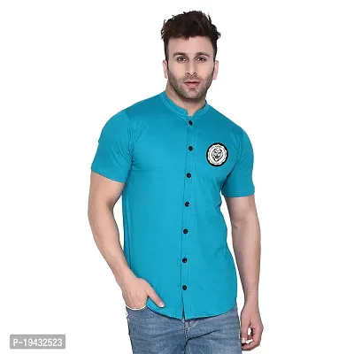 Tfurnish Turquoise Cotton Blend Solid Short Sleeves Casual Shirts For Men-thumb0