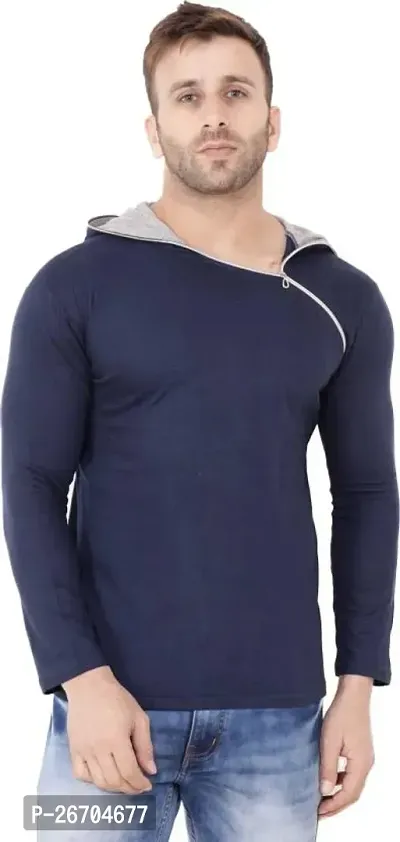 Stylish Cotton Blend Navy Blue Solid Tees For Men-thumb0