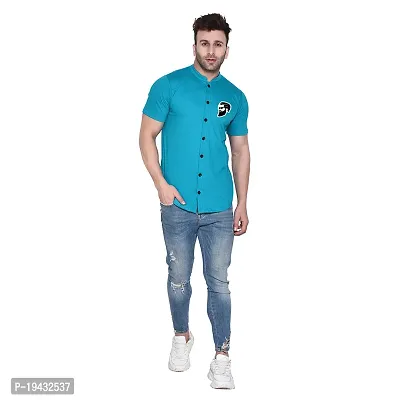 Tfurnish Turquoise Cotton Blend Solid Short Sleeves Casual Shirts For Men-thumb4