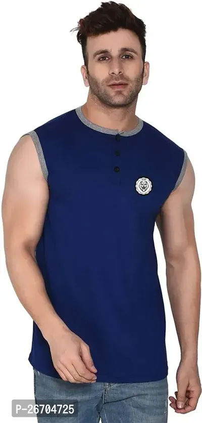 Stylish Cotton Blend Navy Blue Solid Tees For Men